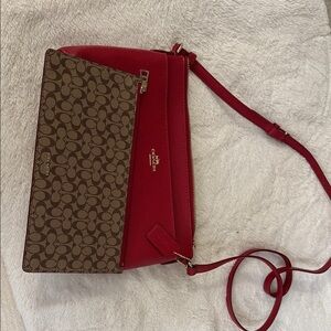 Coach Red Pebbled Leather Crossbody + Signature Canvas Zip Pouch Set